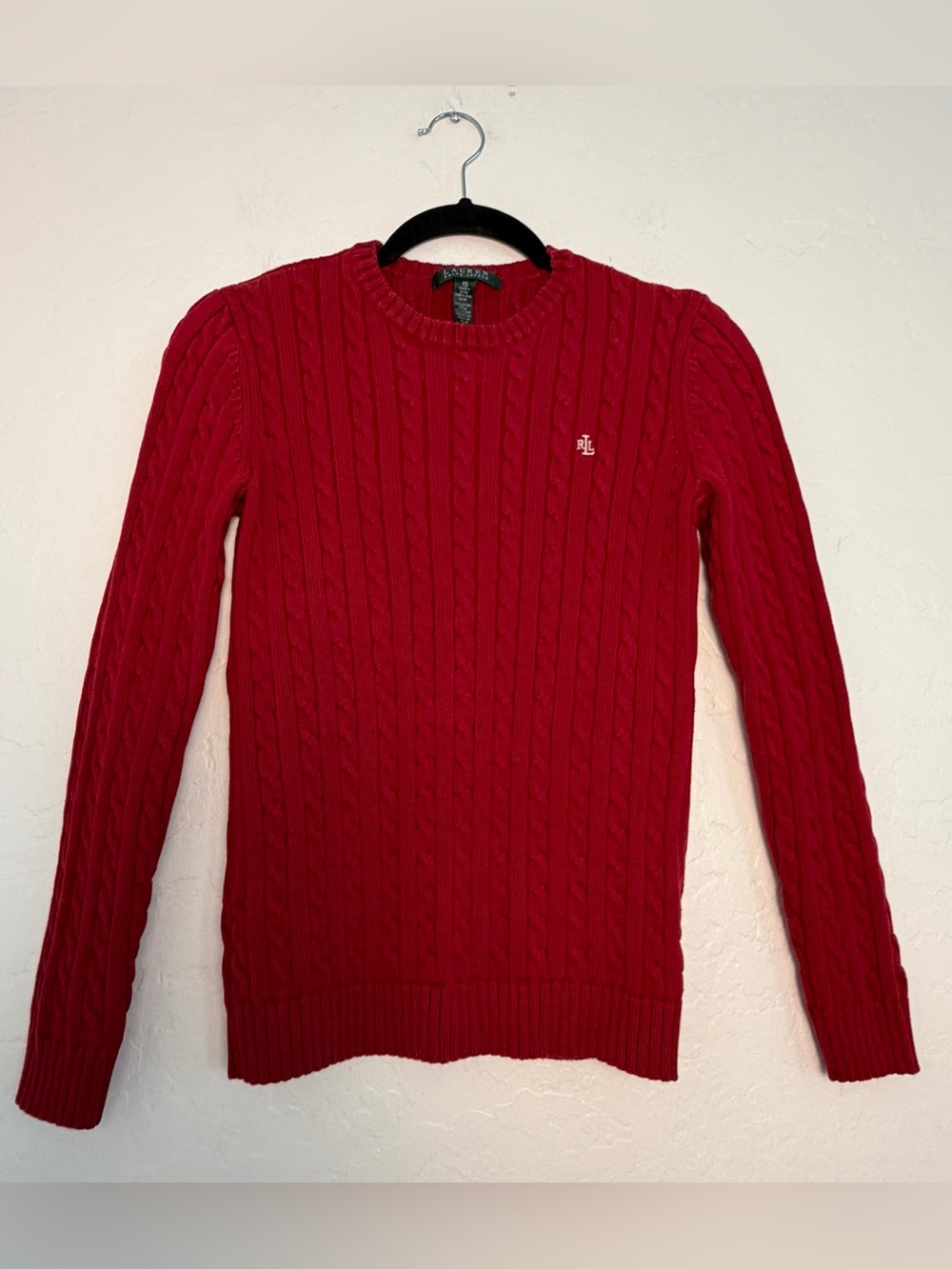 Ralph Lauren Women's X-Small Sweater Red Cable-Knit Crewneck Fisherman Peppy
